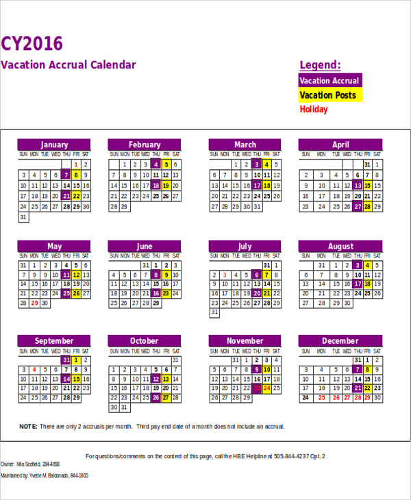 sample vacation calendar