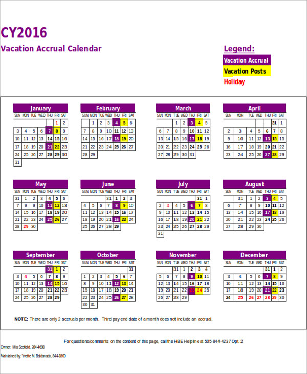 amostra de calendário de férias