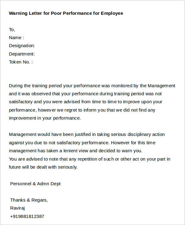 sample warning letter for poor performance for employee