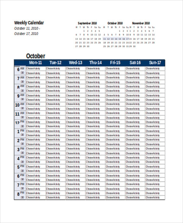 sample weekly calendar