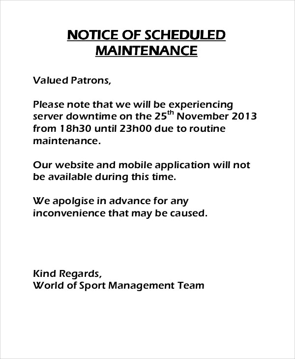 11 Maintenance Notice Templates Free Sample Example Format Download