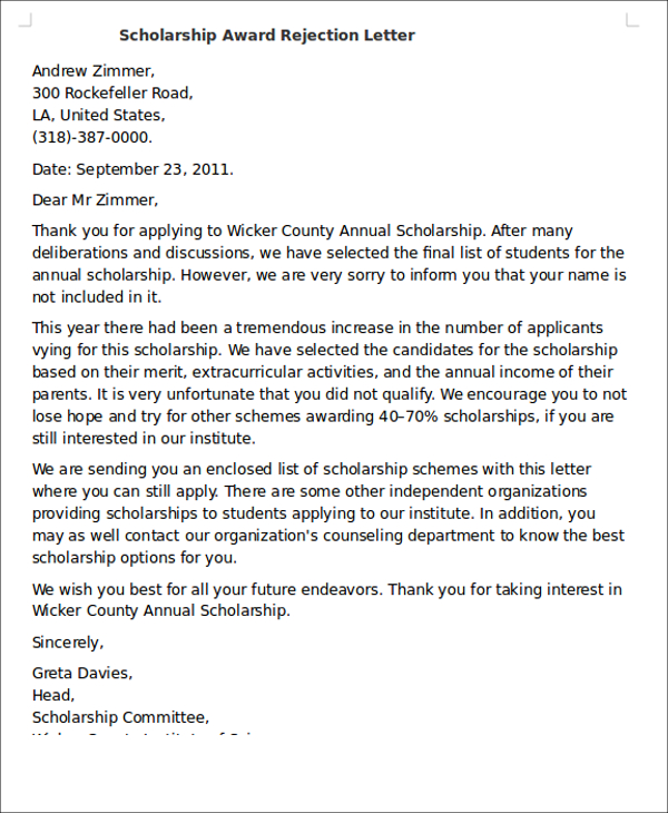 10+ Scholarship Rejection Letter - Free Sample, Example format Download