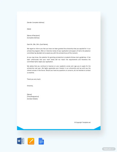 10  Scholarship Rejection Letter Free Sample Example format Download