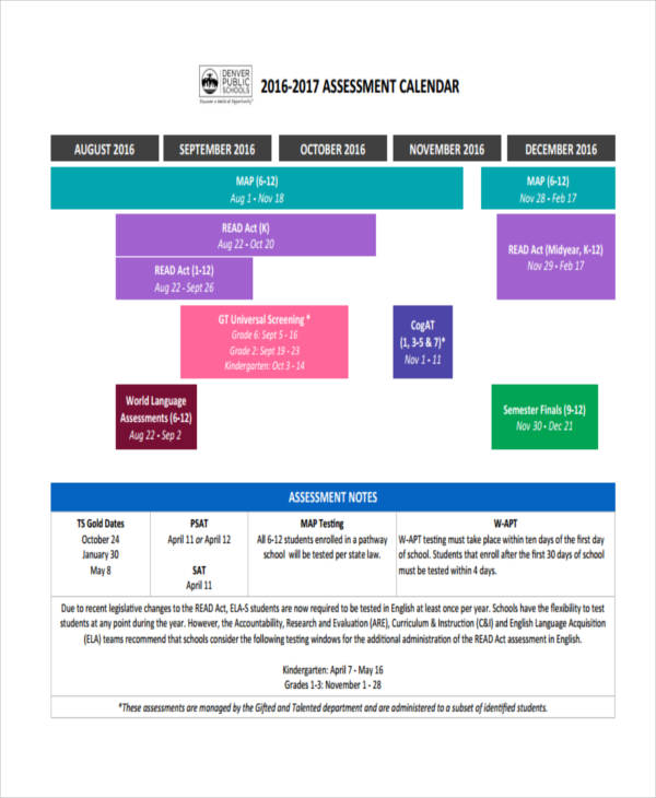 9 Assessment Calendar Templates Sample Example