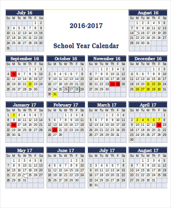 School Yearly Calendar Template