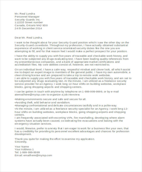 sample of application letter as a guard