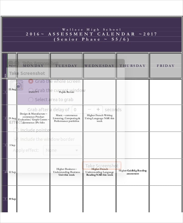 senior assessment calendar