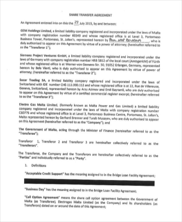 Transfer Agreement Template 14  Free Word PDF Format Download
