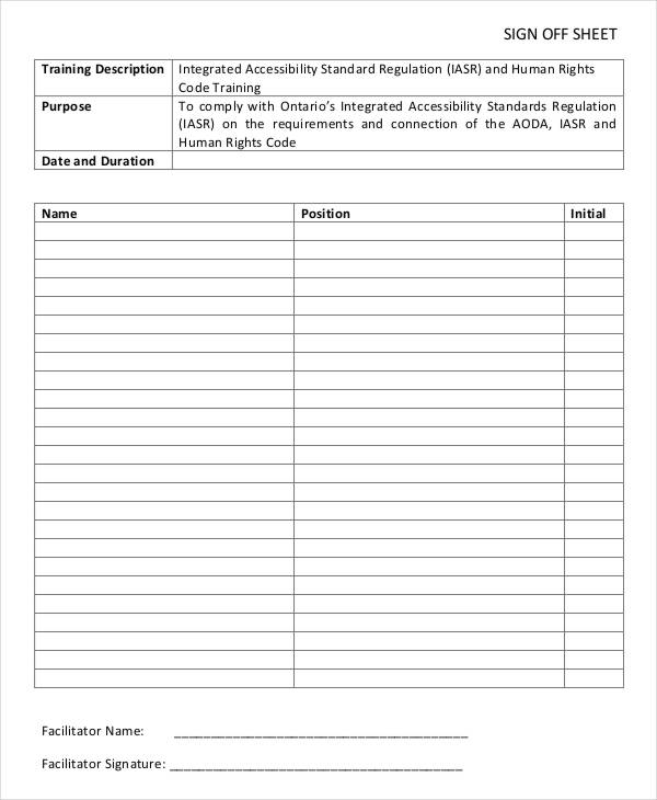 Sign Off Sheets Templates