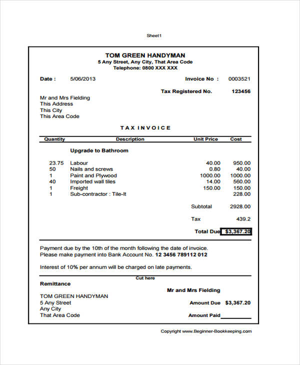 6 handyman invoice template free sample example format download free premium templates