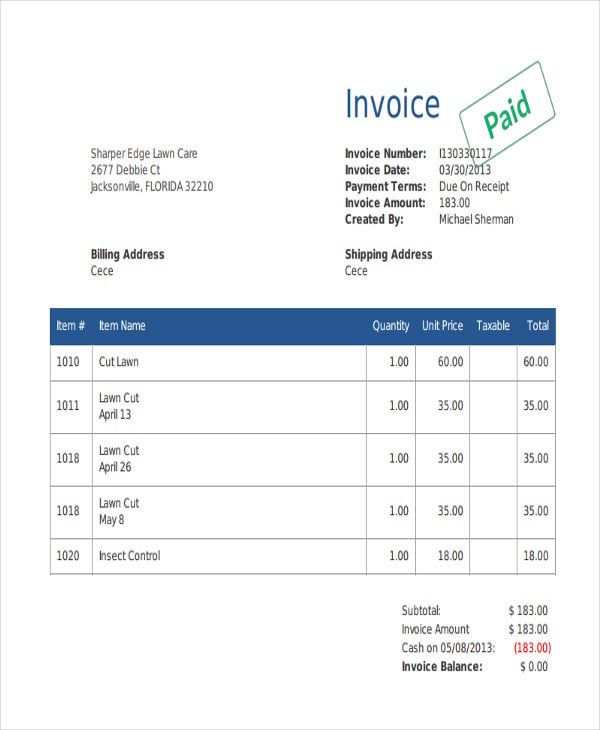 example of invoices for services rendered