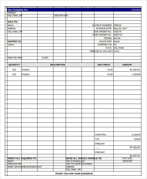 small business invoice in excel