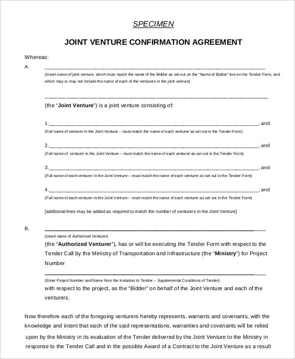 specimen joint venture confirmation agreement