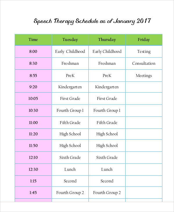 9+ Therapy Schedule Templates Sample, Example