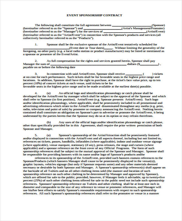 17 Event Contract Templates Sample Word Google Docs Example Sponsorship Contract