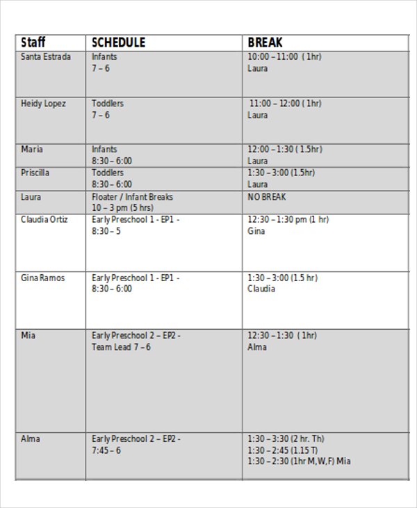 7 Break Schedule Templates Free Sample Example Format Download
