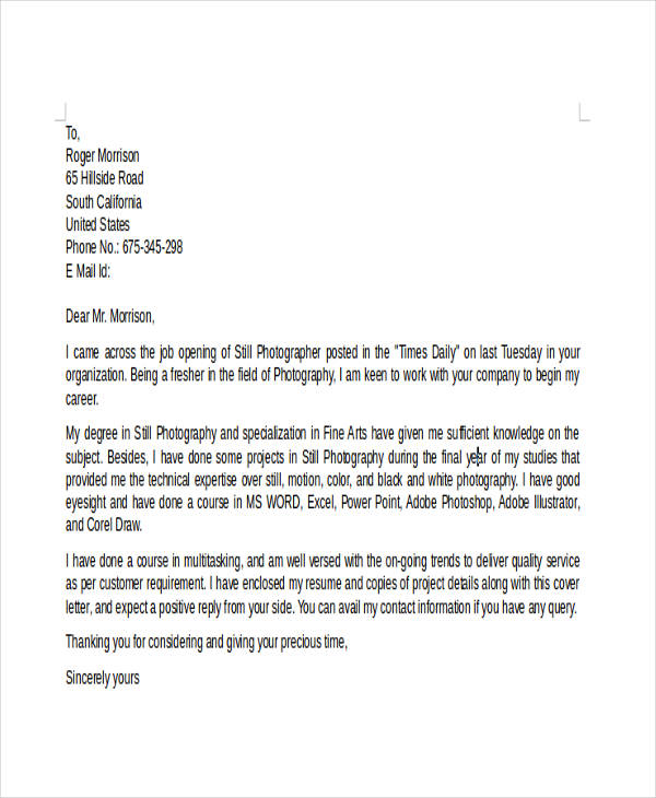 photographer cover letter examples