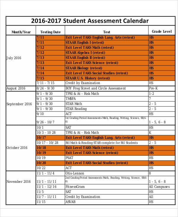 student assessment calendar