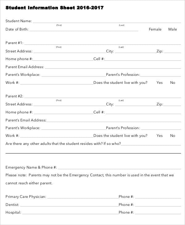 student information sheet template