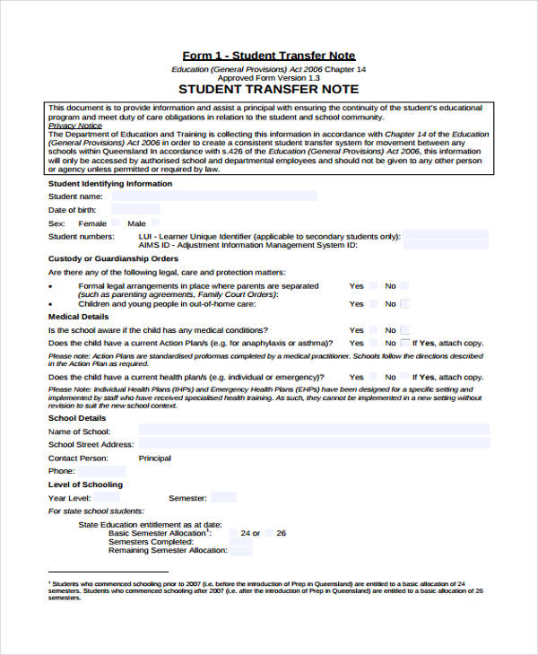 transfer note education queensland