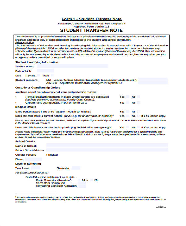 transfer note education queensland