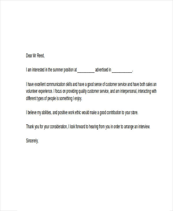 cover letter example for summer job