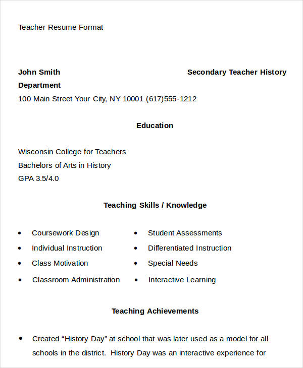 teacher resume format in doc