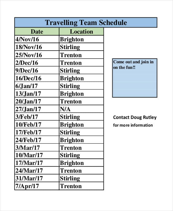 team schedule sample