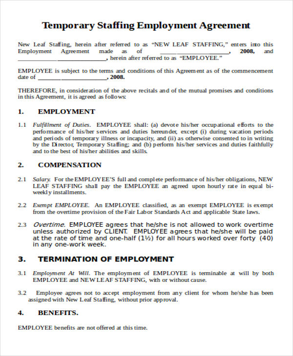 6 + Temporary Employment Agreement Templates PDF, Google DOC, Apple Pages