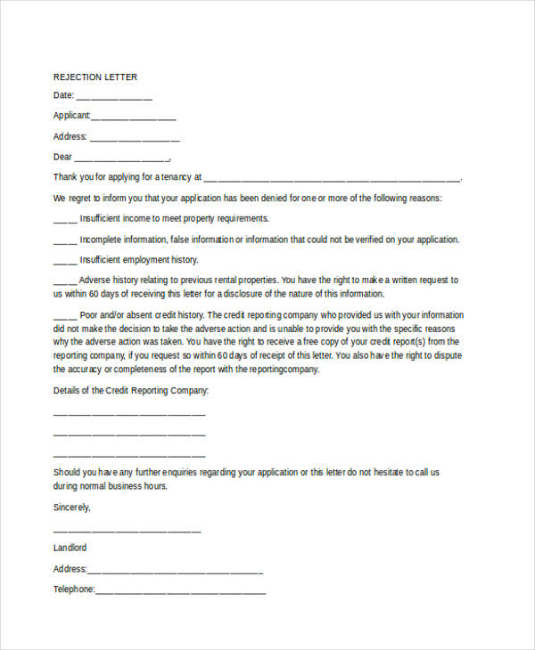 Free 10 Application Rejection Letters In Ms Word Pages Pdf