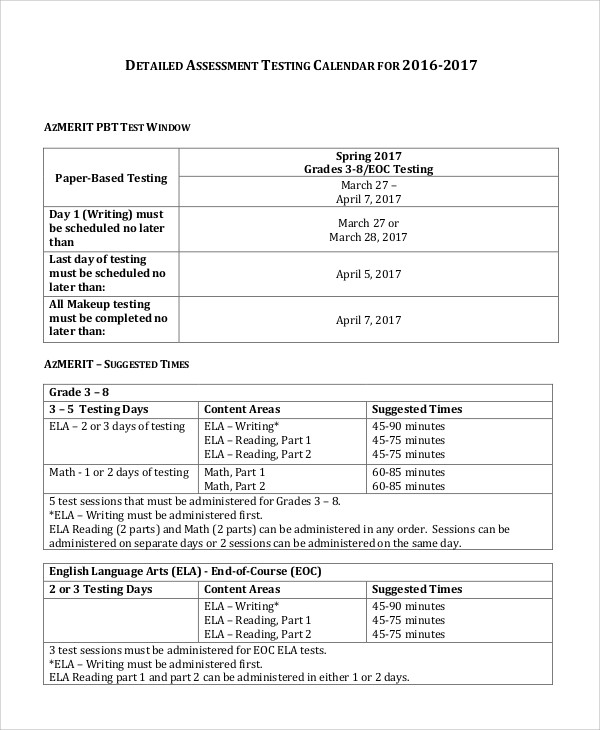 Assessment Calendar Templates 9+ Free Word, PDF Format Download