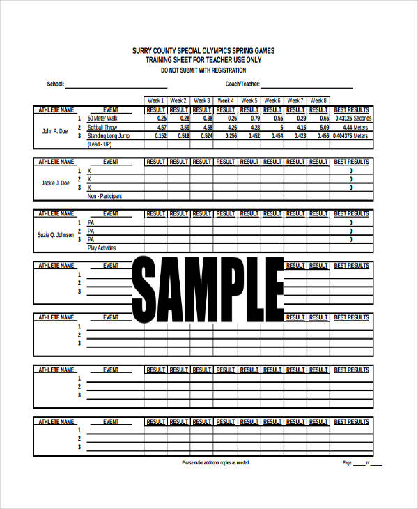 training sheet sample
