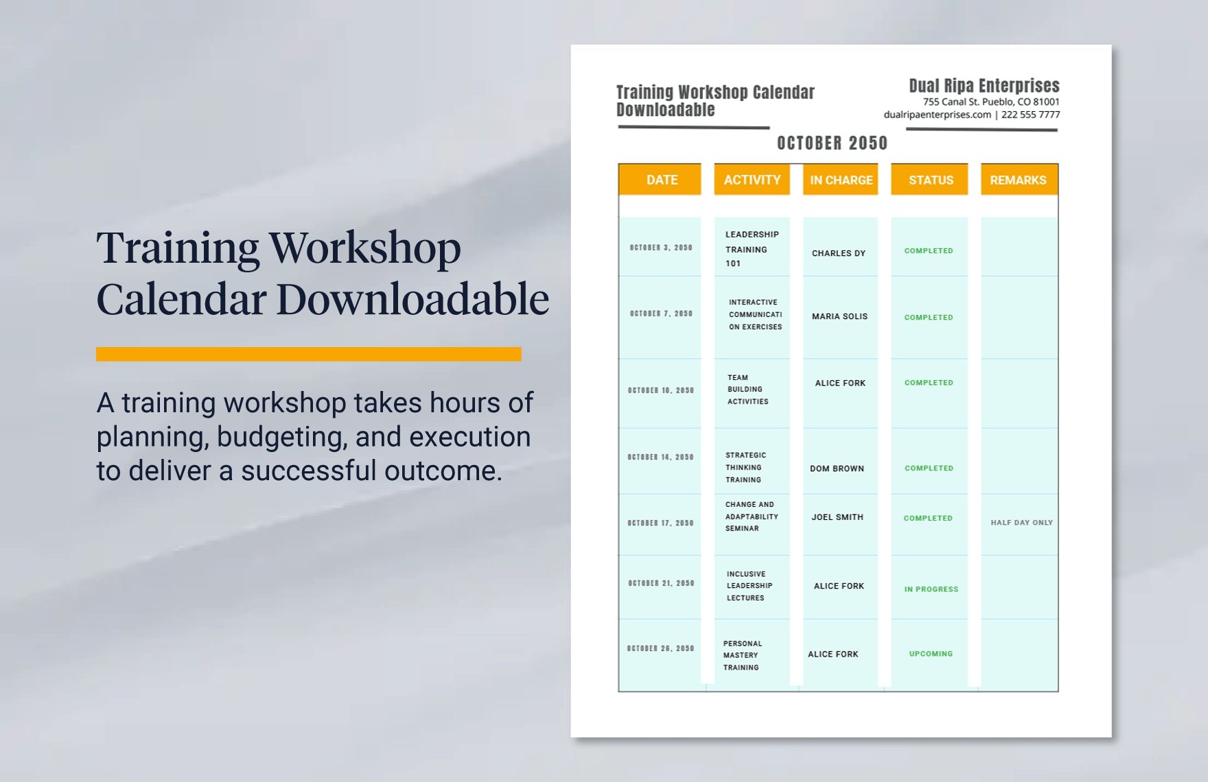 training workshop calendar downloadable