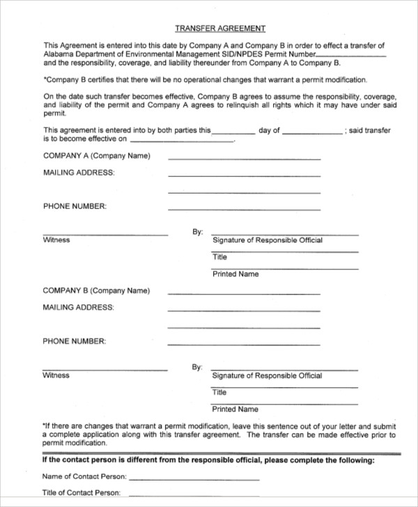 Transfer Agreement Template 14 Free Word PDF Format Download