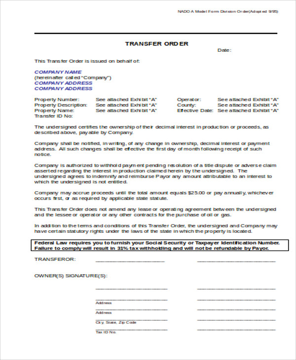 transfer order for property