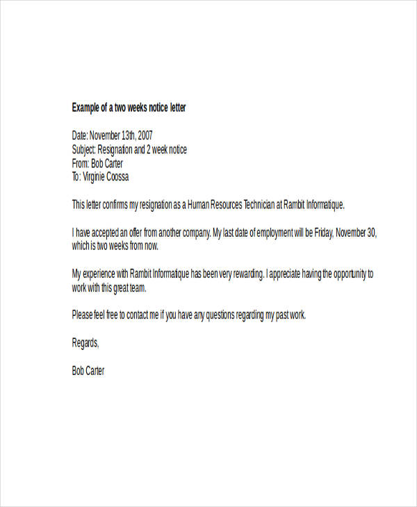 Notice For Work Example - Sample Resignation Letter