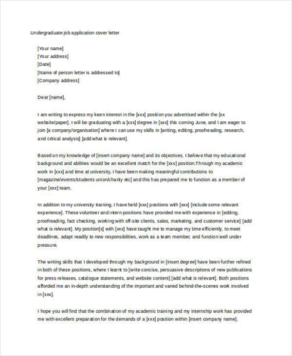 undergraduate student cover letter examples