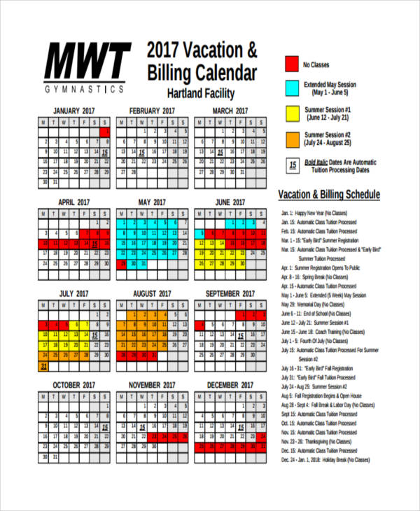 vacation billing calendar