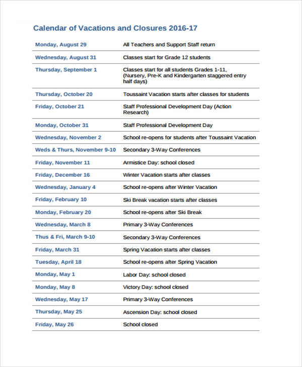 7+ Vacation Calendar Templates Free Sample, Example Format Download