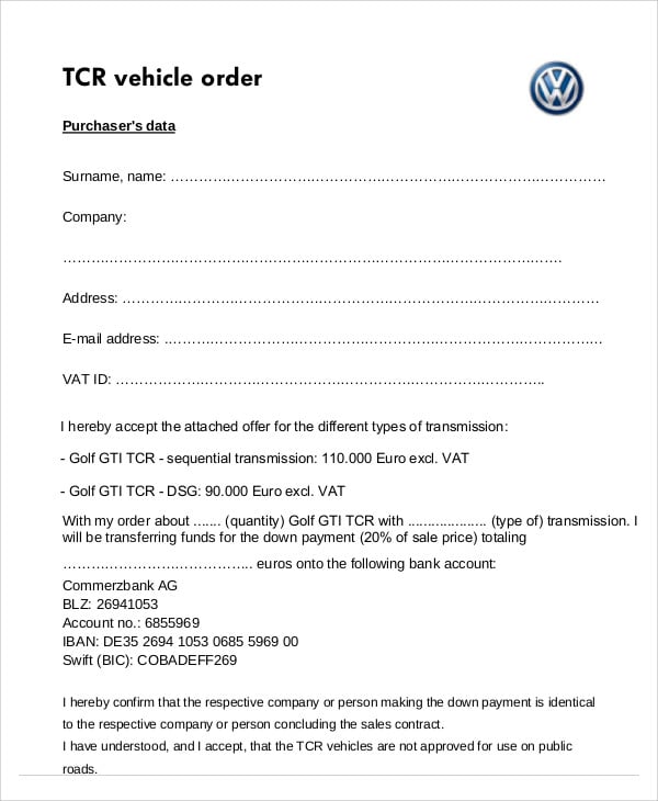 vehicle order sample