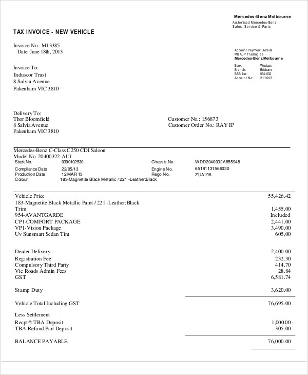 Mercedes Benz Invoice Template