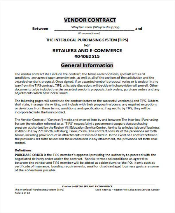 6  Vendor Contract Templates Word PDF