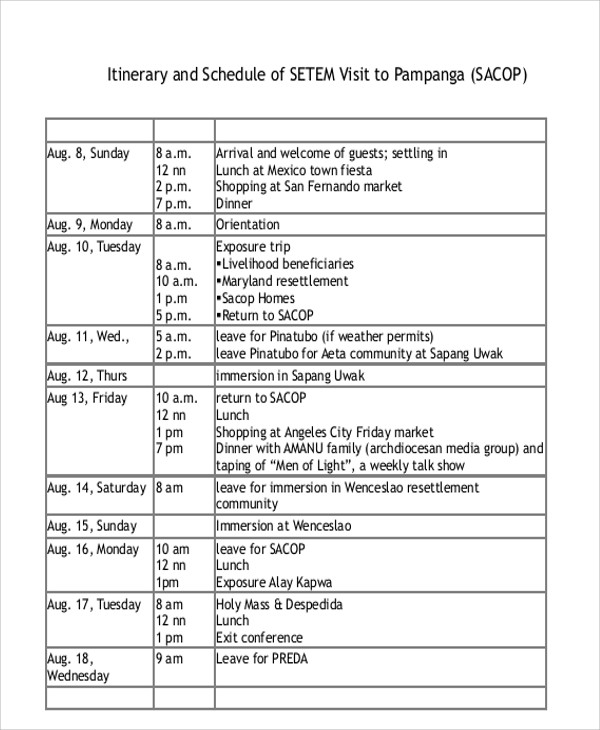 visit schedule itinerary template