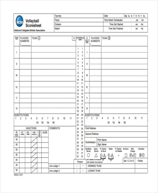 Ncaa Volleyball Score Sheets Printable