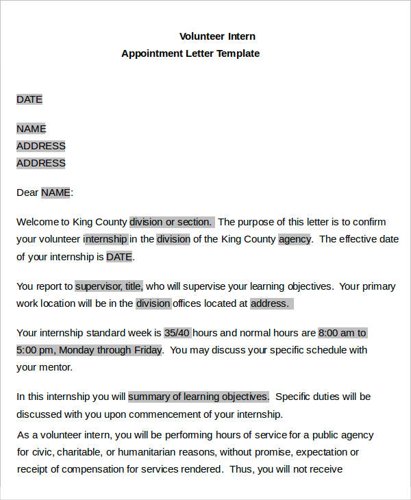 volunteer intern appointment letter