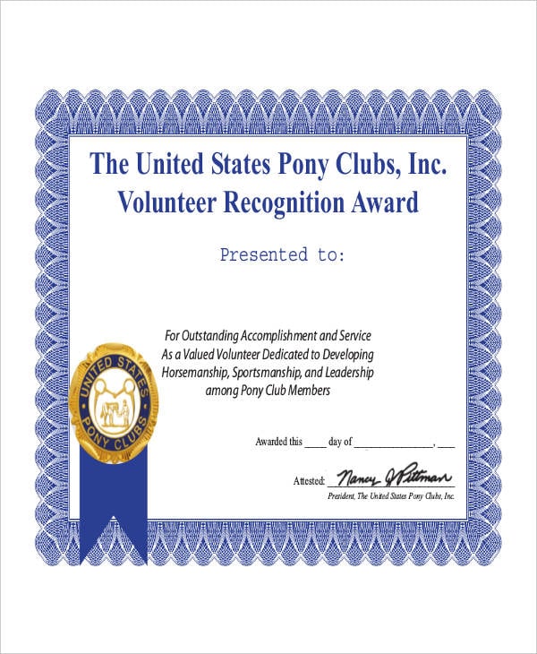volunteer recognition certificate