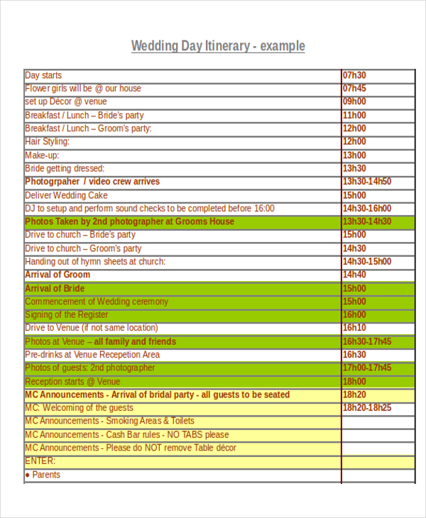 Wedding Day Itinerary Template Excel