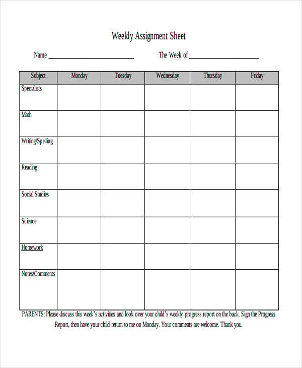 weekly homework sheet template