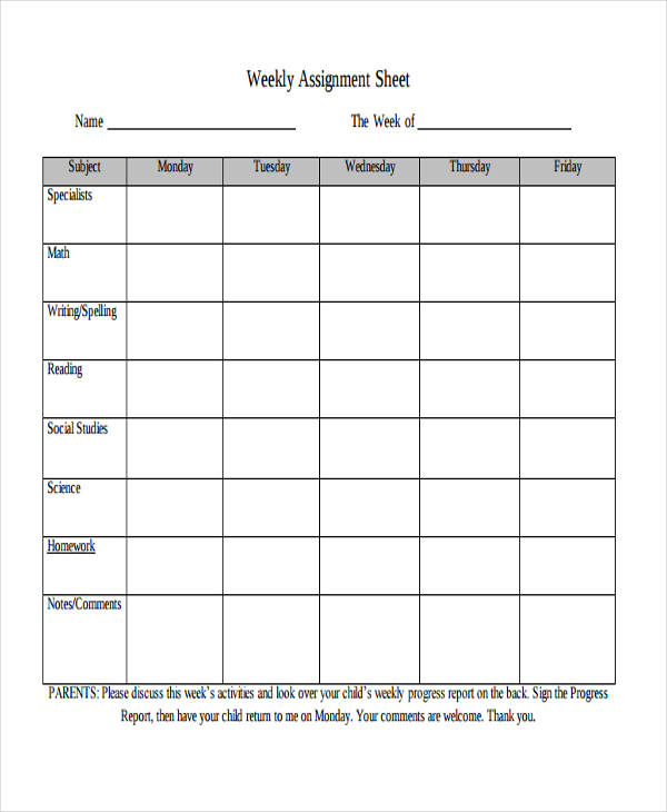 weekly assignment sheet for students