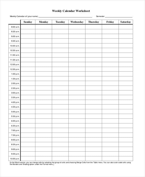 weekly calendar worksheet
